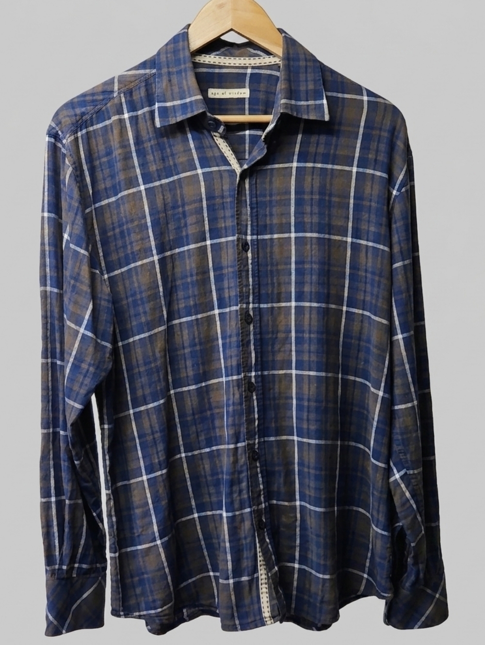 Age of Wisdom Blue Plaid Linen Blend Button Up Shirt Sz Large